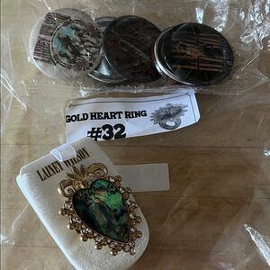 Lainey Wilson Gold Heart Ring with Green and Gold Design & Lainey Wilson Pin Set